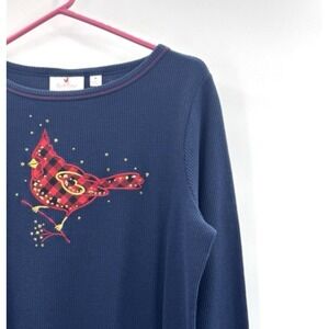 Womens Medium Waffle Knit Top Cardinal Plaid Motif Novelty Bird Winter Holiday